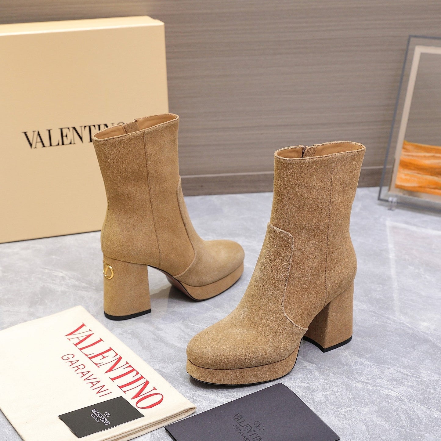 VALENTINO 25S ANKLE BOOTS WITH ZIPPER 90 MM IN LIGHT BROWN SUEDE - 35