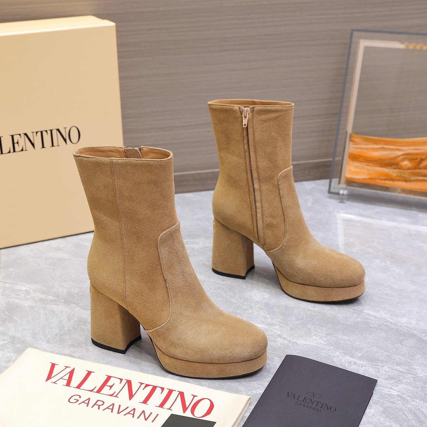 VALENTINO 25S ANKLE BOOTS WITH ZIPPER 90 MM IN LIGHT BROWN SUEDE - 35