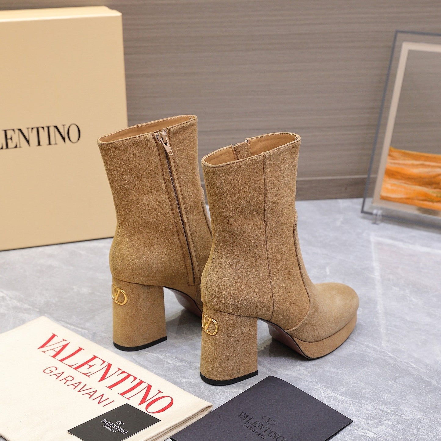 VALENTINO 25S ANKLE BOOTS WITH ZIPPER 90 MM IN LIGHT BROWN SUEDE - 35