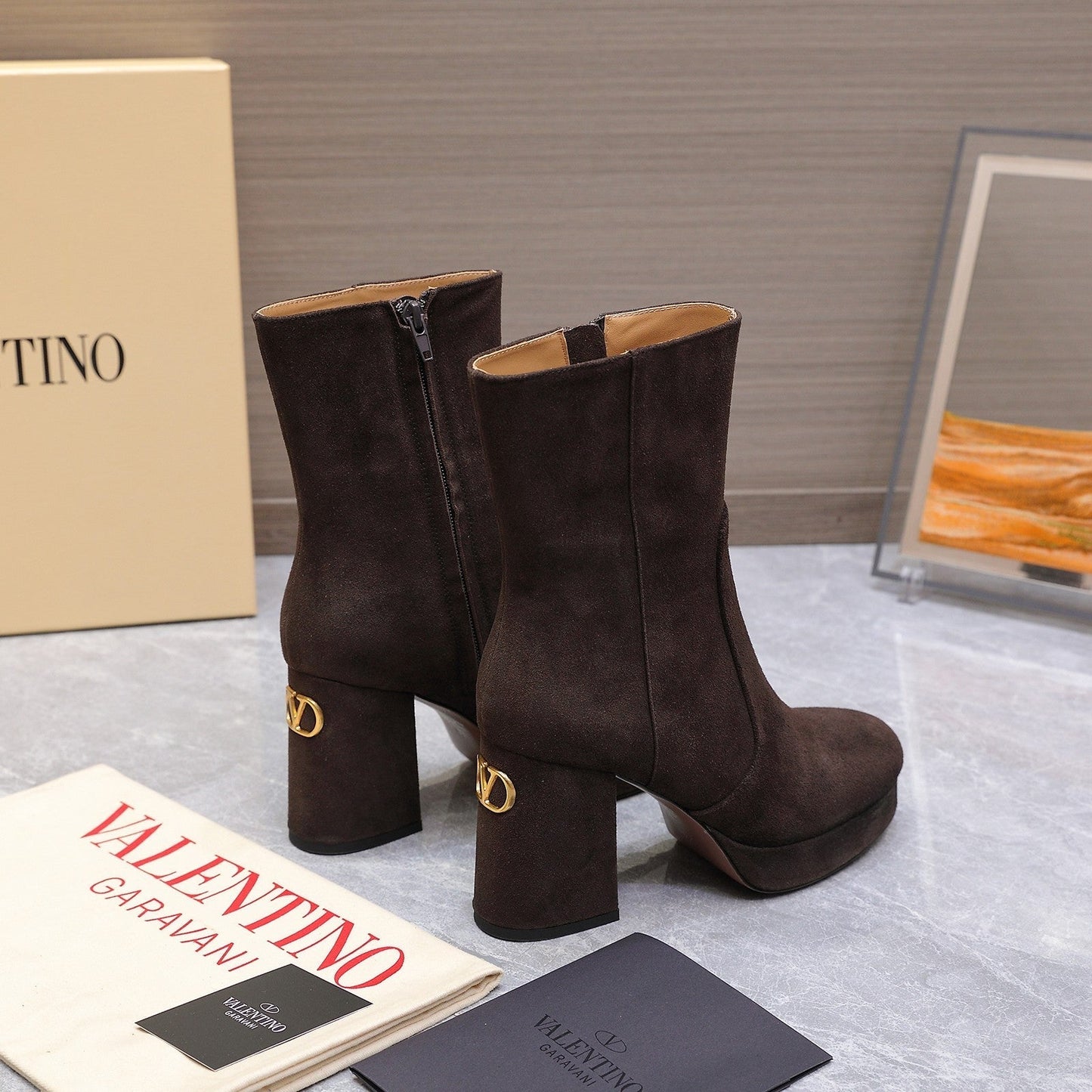 VALENTINO 25S ANKLE BOOTS WITH ZIPPER 90 MM IN DARK BROWN SUEDE - 35