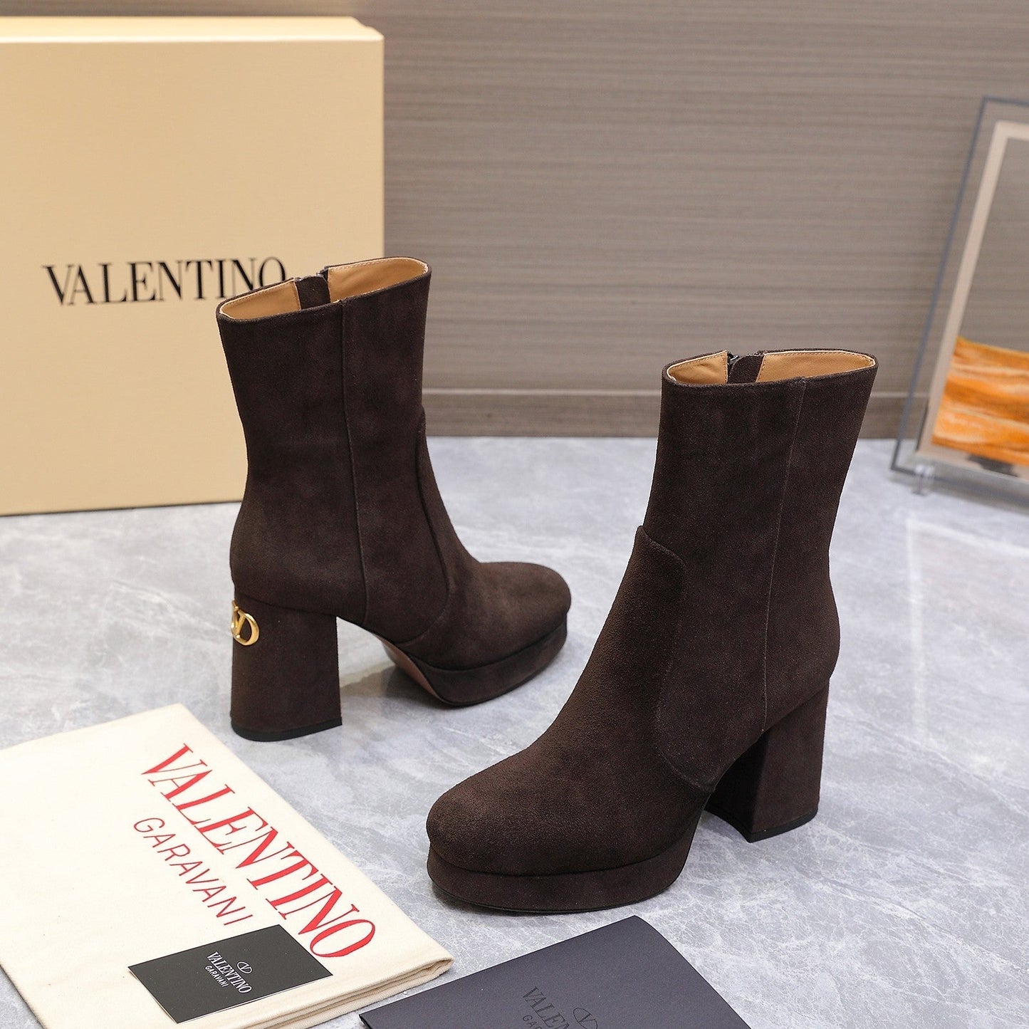 VALENTINO 25S ANKLE BOOTS WITH ZIPPER 90 MM IN DARK BROWN SUEDE - 35