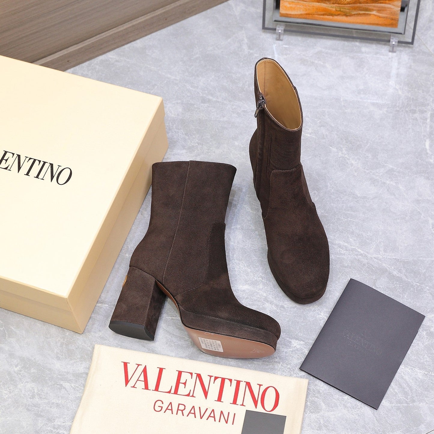 VALENTINO 25S ANKLE BOOTS WITH ZIPPER 90 MM IN DARK BROWN SUEDE - 35
