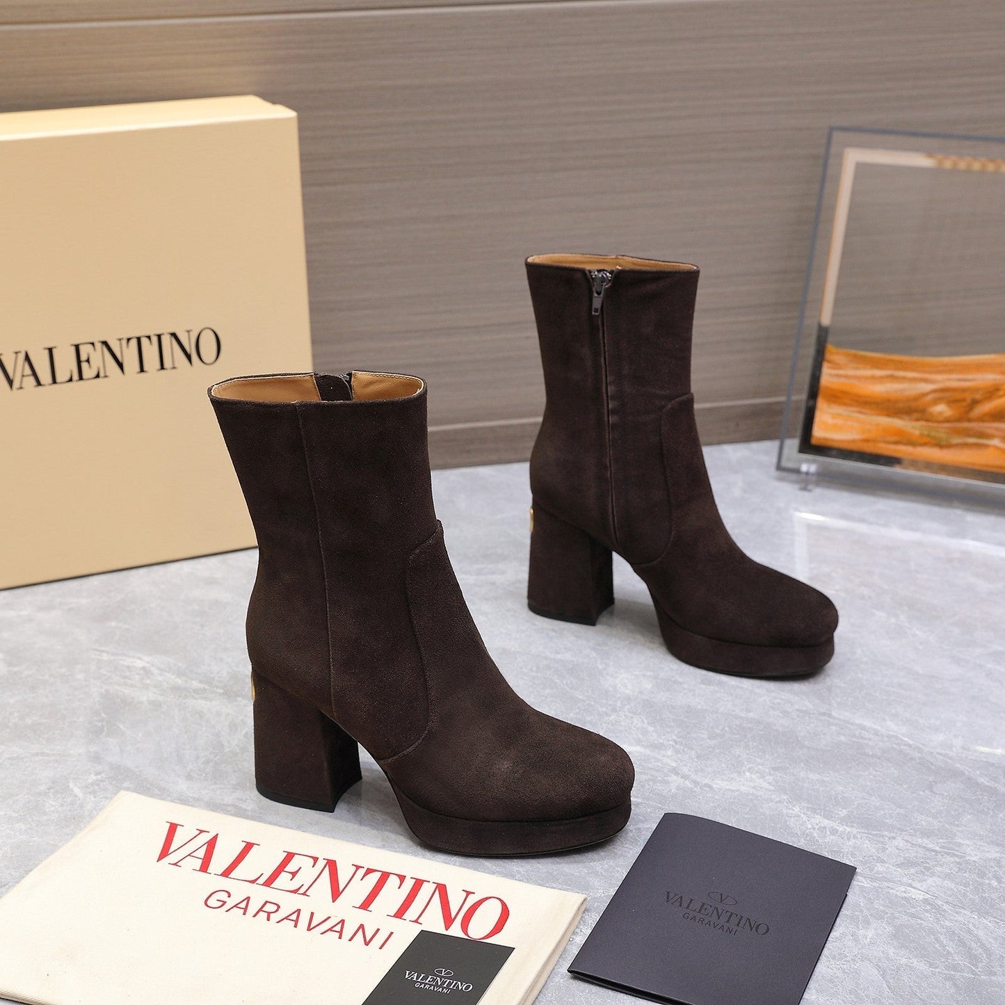 VALENTINO 25S ANKLE BOOTS WITH ZIPPER 90 MM IN DARK BROWN SUEDE - 35