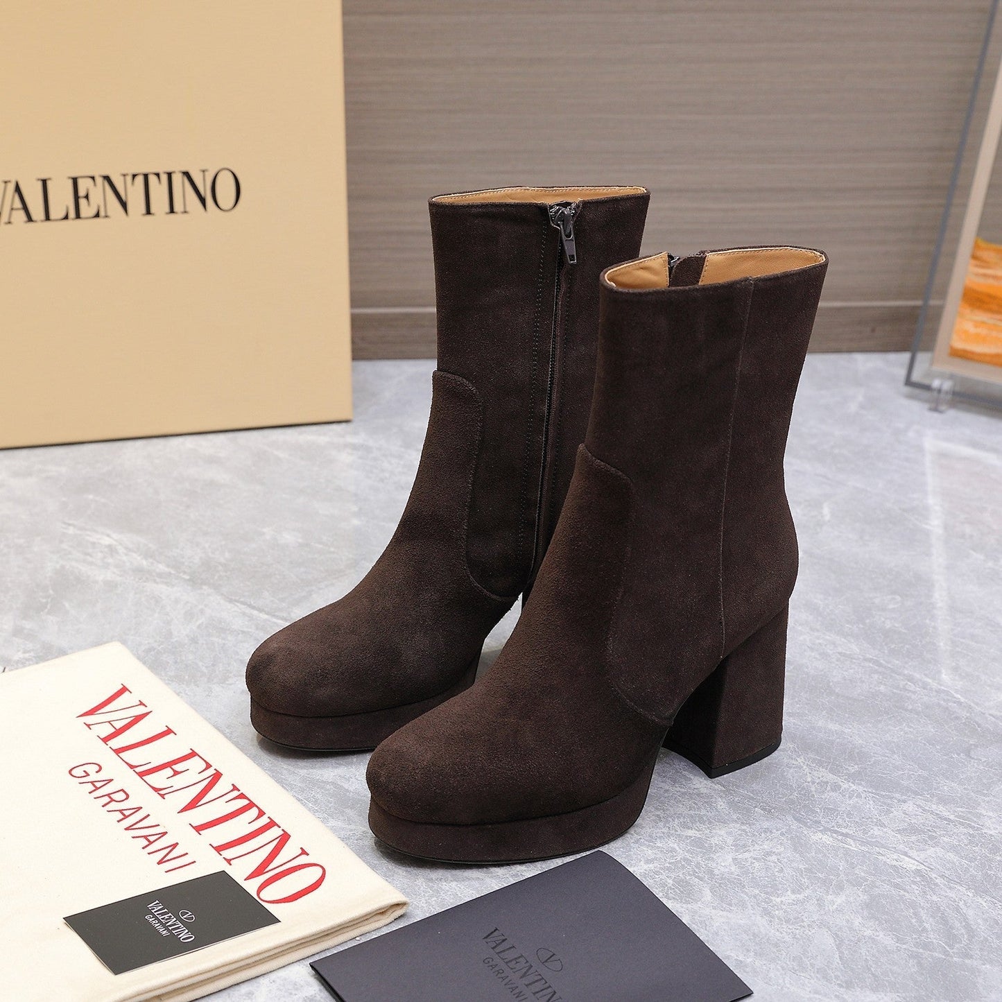 VALENTINO 25S ANKLE BOOTS WITH ZIPPER 90 MM IN DARK BROWN SUEDE - 35