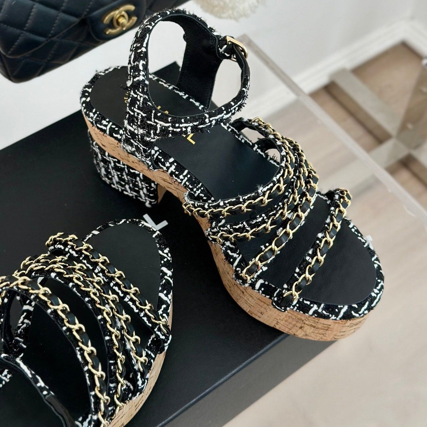 Double C Wooden Chain Platform Block Heel Sandals White Caro/ Black - 35