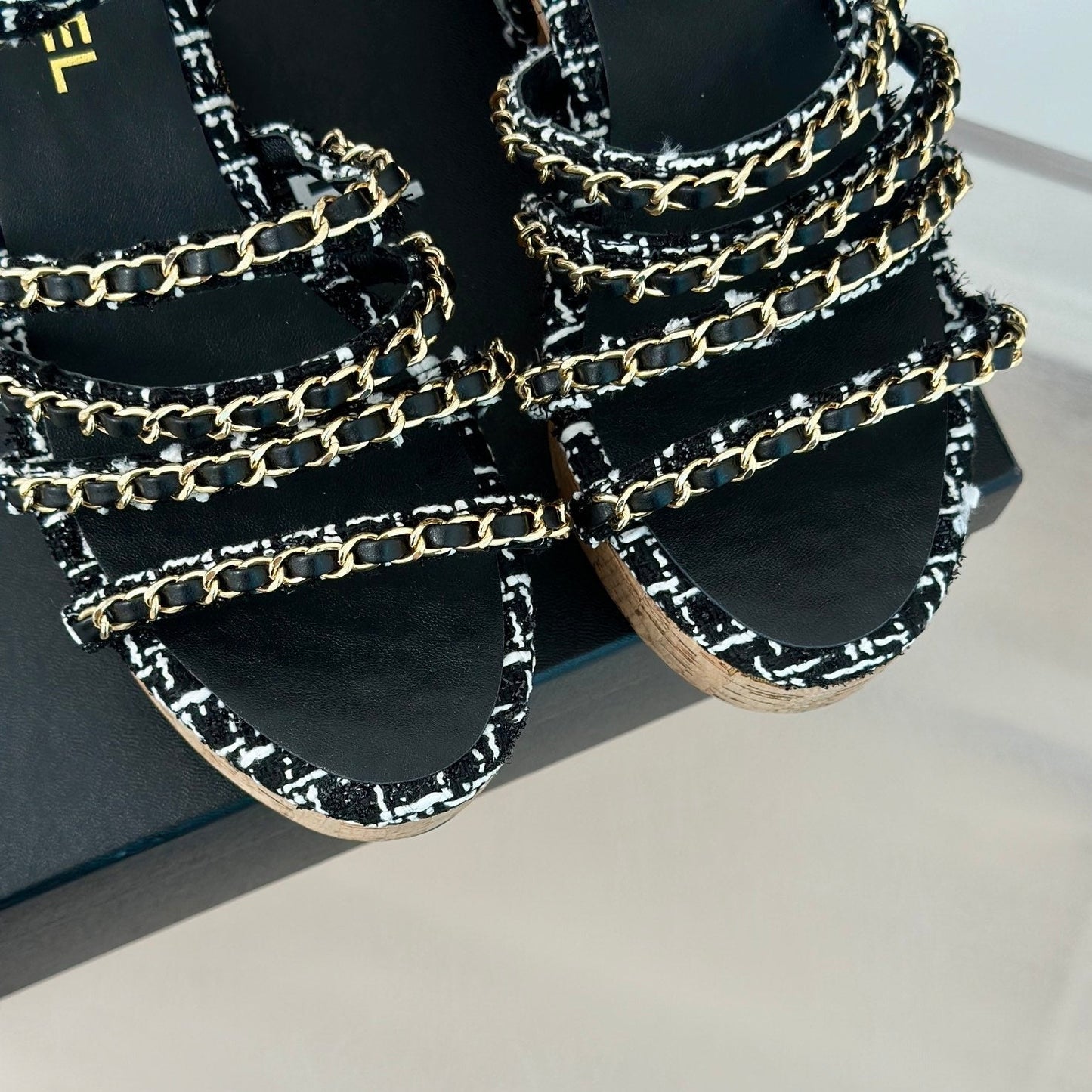 Double C Wooden Chain Platform Block Heel Sandals White Caro/ Black - 35