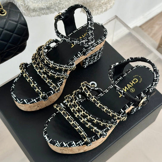 Double C Wooden Chain Platform Block Heel Sandals White Caro/ Black - 35