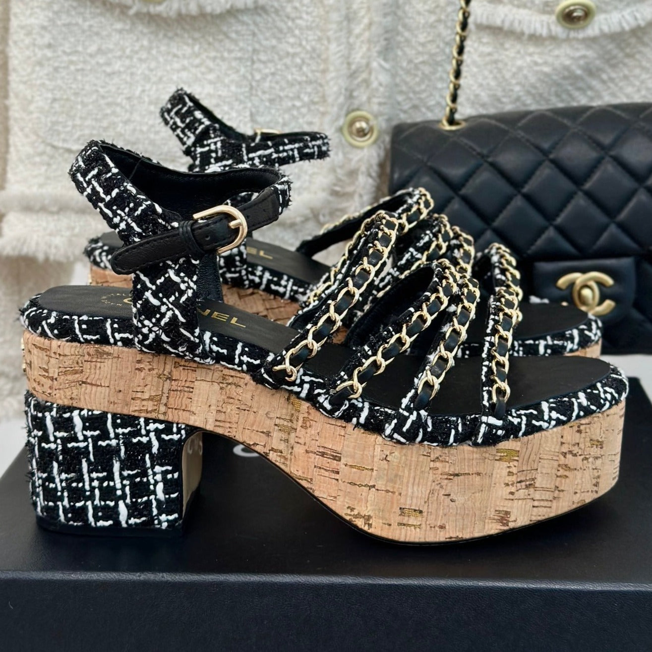 Double C Wooden Chain Platform Block Heel Sandals White Caro/ Black - 35