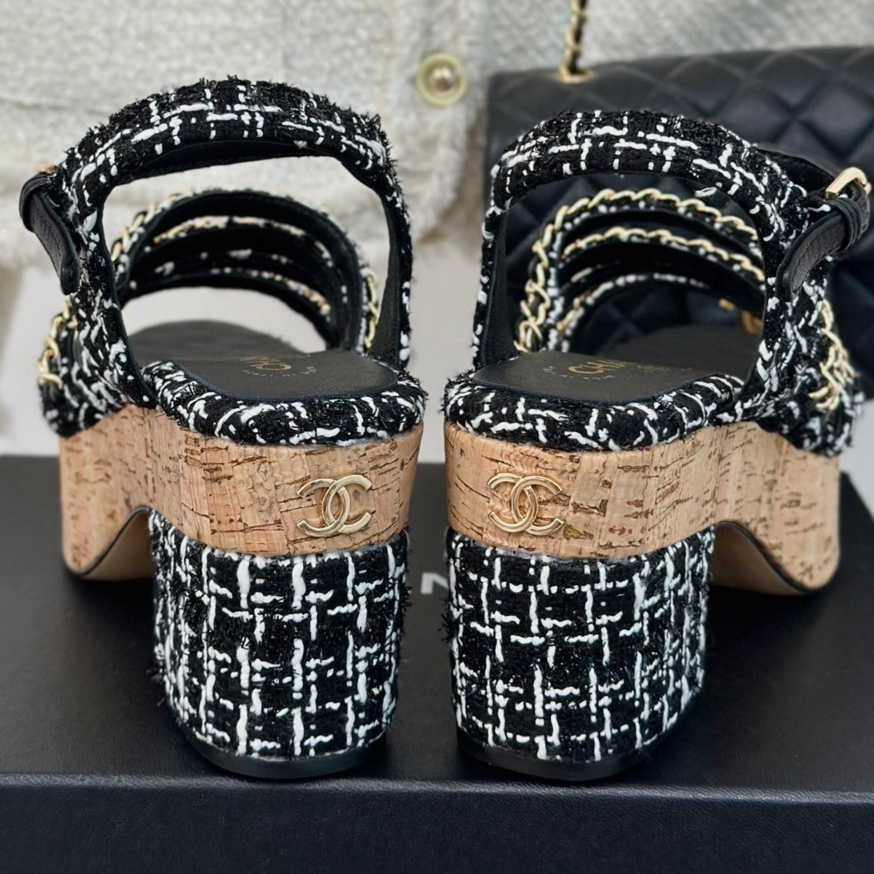 Double C Wooden Chain Platform Block Heel Sandals White Caro/ Black - 35