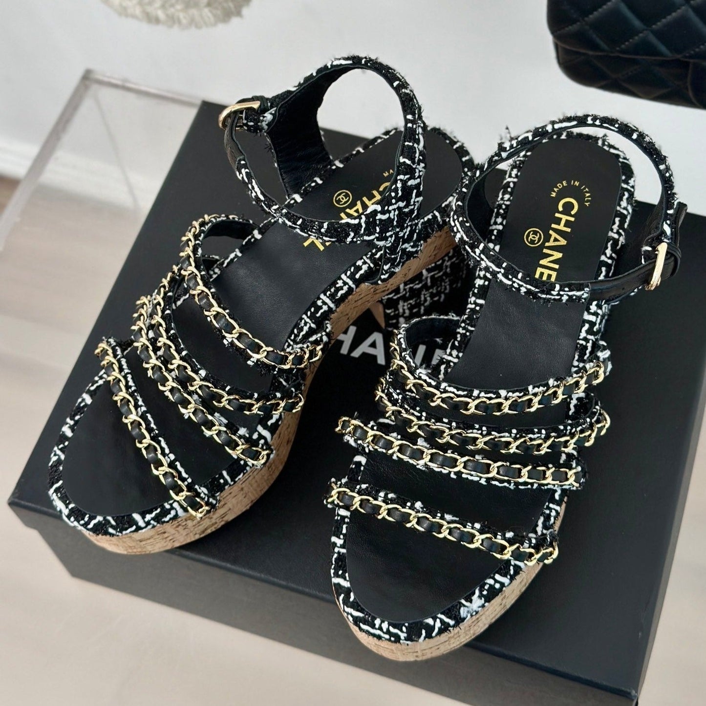 Double C Wooden Chain Platform Block Heel Sandals White Caro/ Black - 35