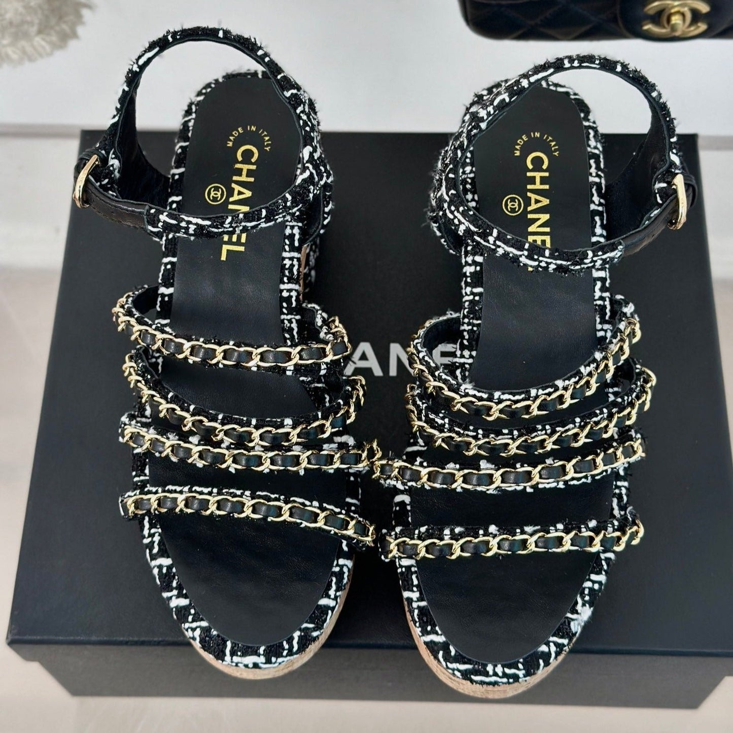 Double C Wooden Chain Platform Block Heel Sandals White Caro/ Black - 35
