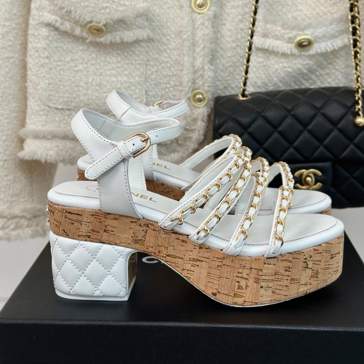 Double C Wooden Chain Platform Block Heel Sandals White - 35
