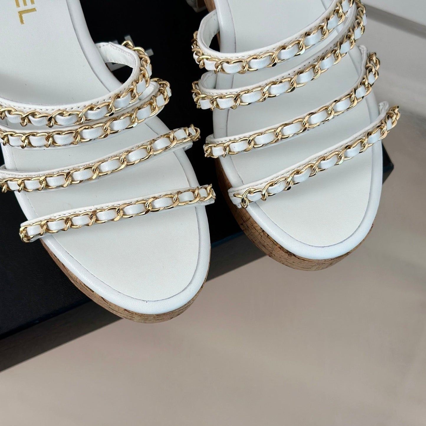 Double C Wooden Chain Platform Block Heel Sandals White - 35