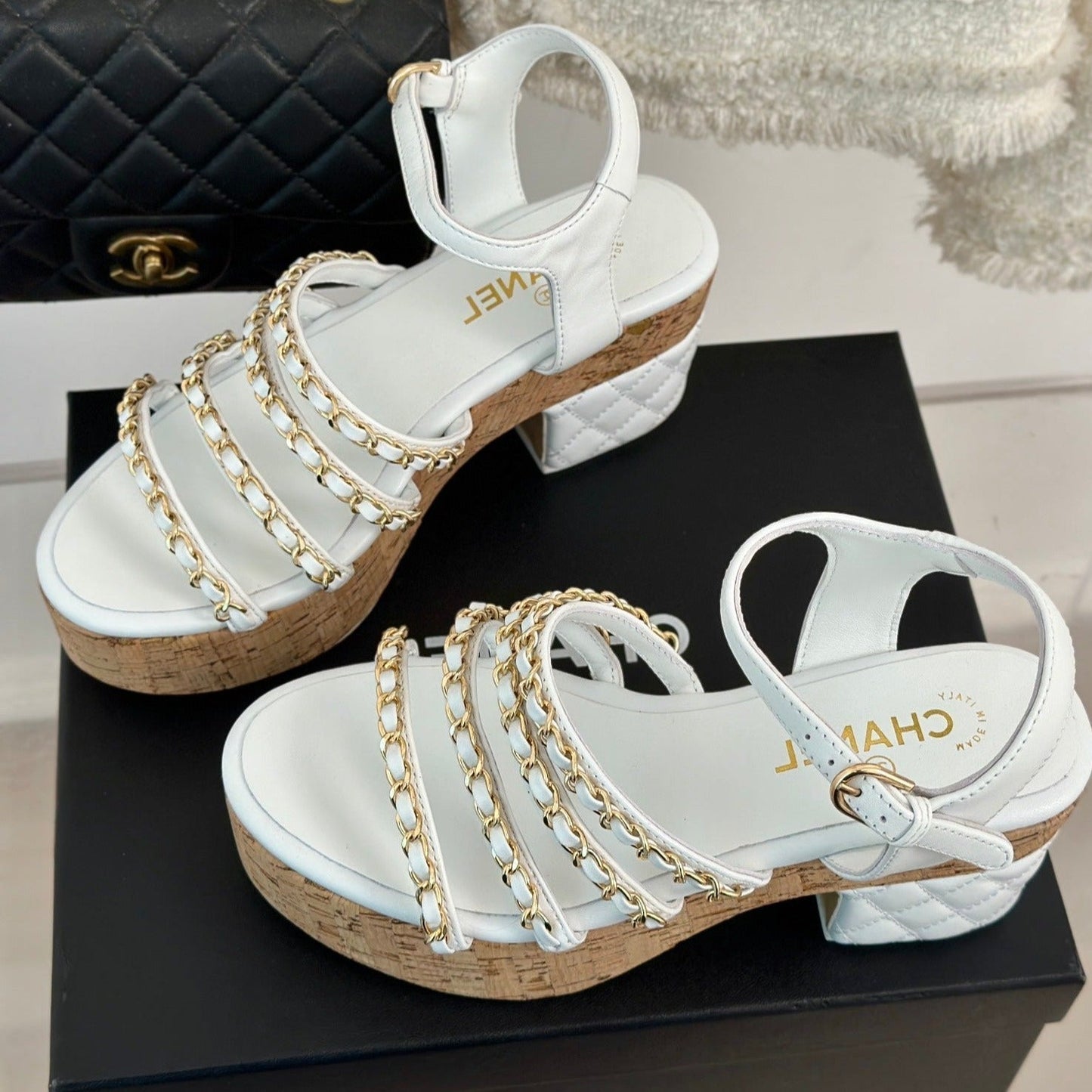 Double C Wooden Chain Platform Block Heel Sandals White - 35