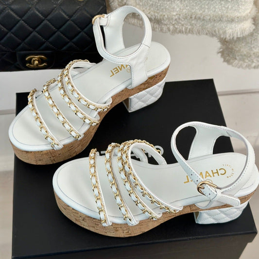 Double C Wooden Chain Platform Block Heel Sandals White - 35