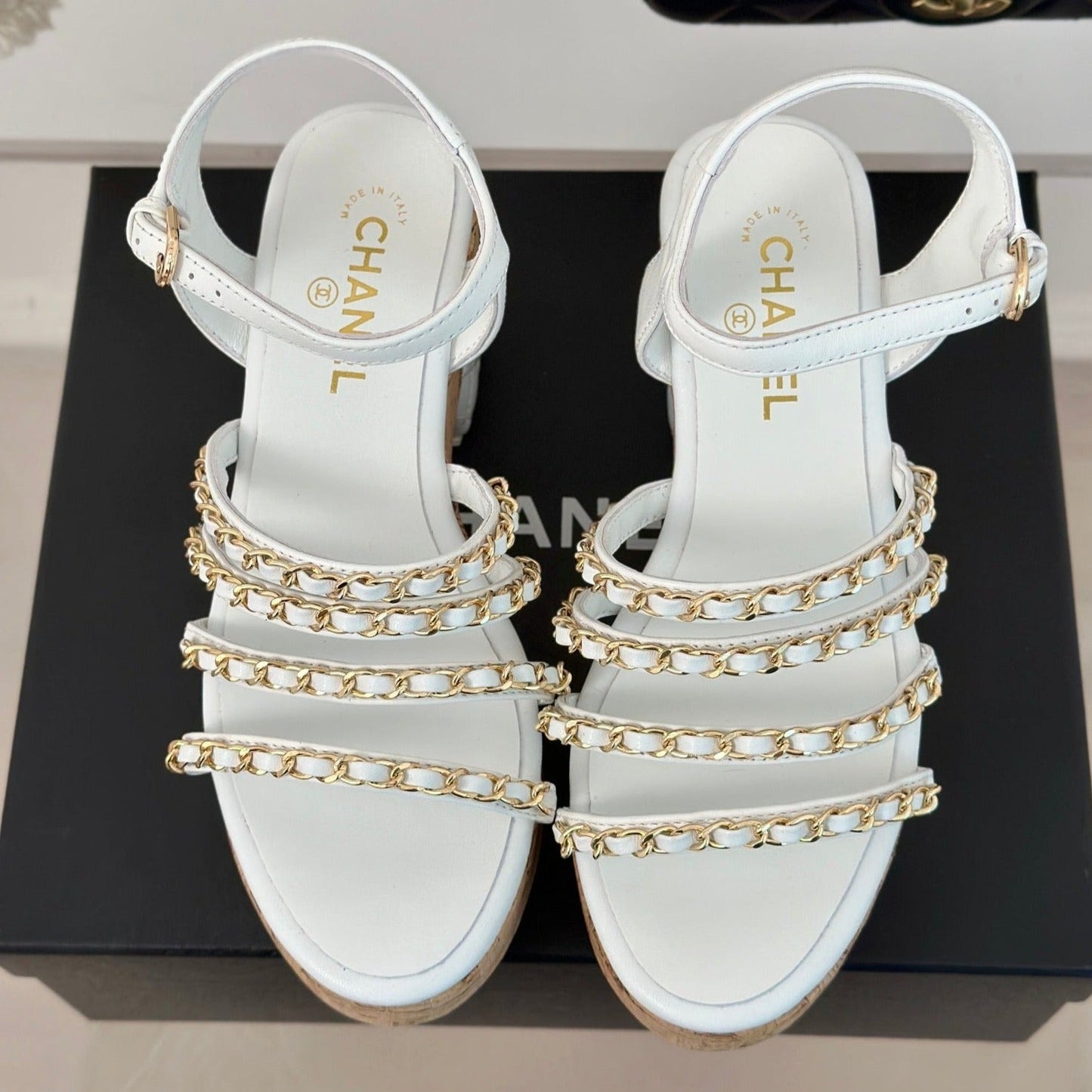 Double C Wooden Chain Platform Block Heel Sandals White - 35