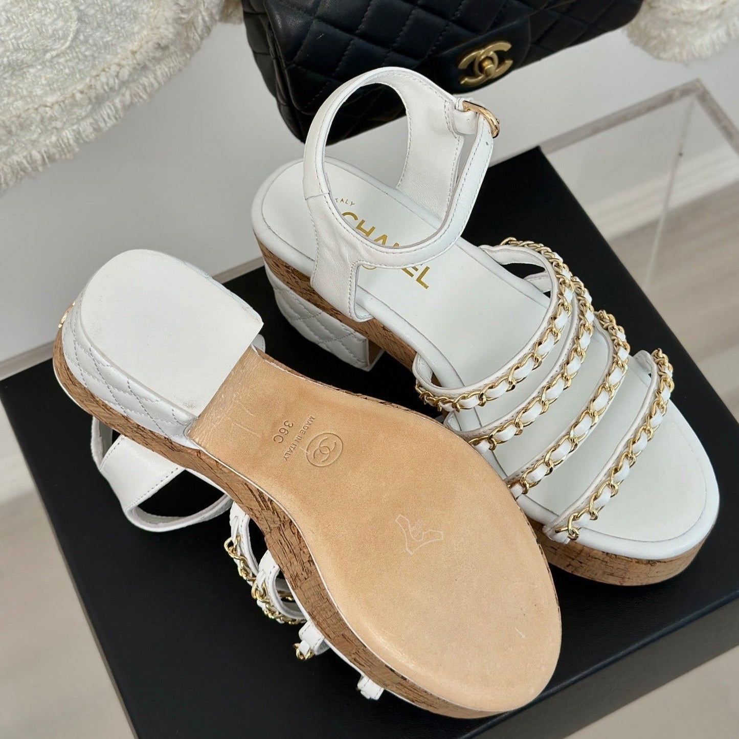 Double C Wooden Chain Platform Block Heel Sandals White - 35