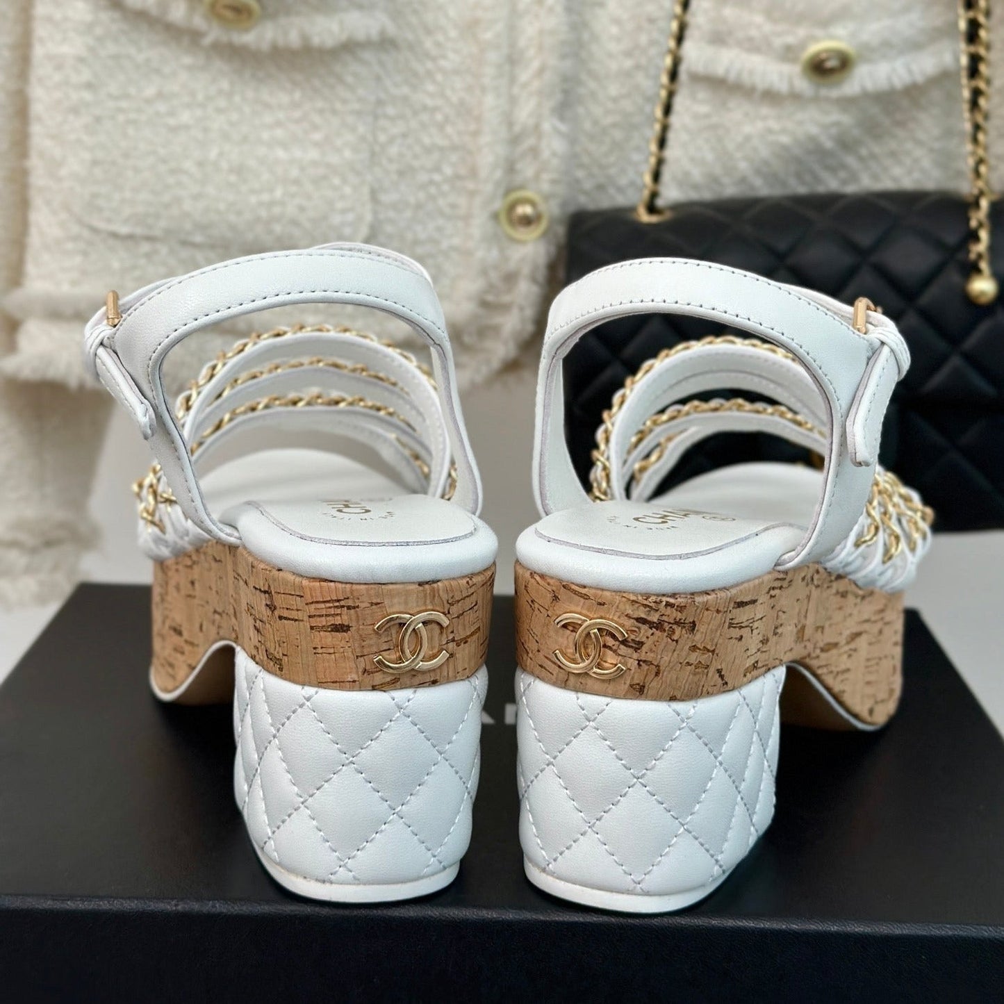 Double C Wooden Chain Platform Block Heel Sandals White - 35
