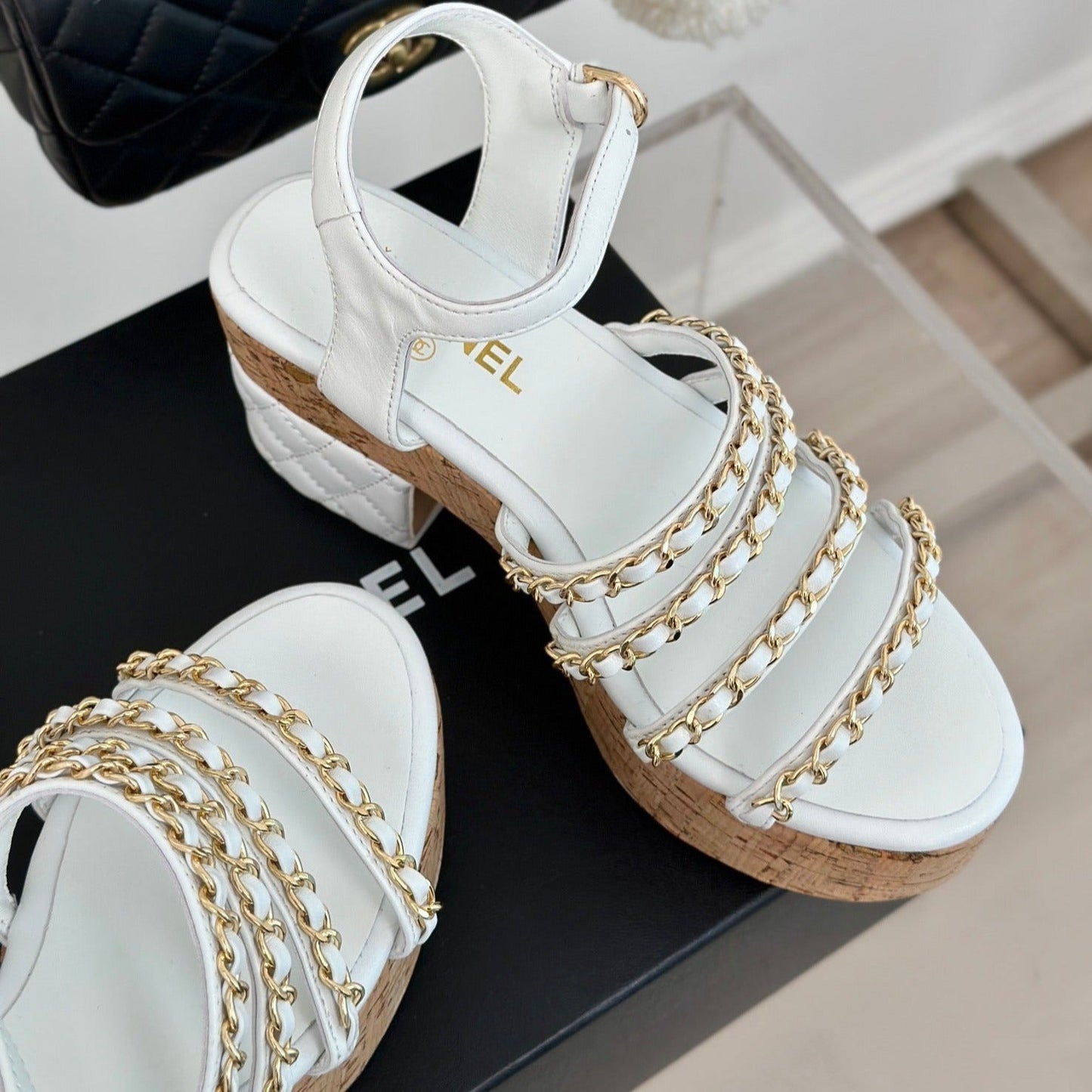 Double C Wooden Chain Platform Block Heel Sandals White - 35