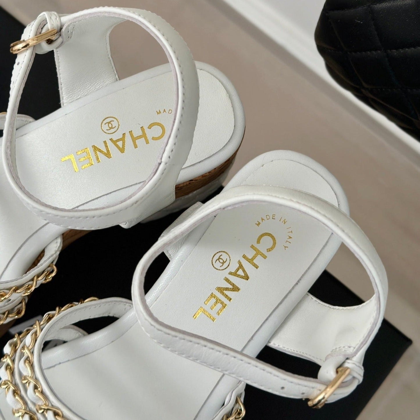 Double C Wooden Chain Platform Block Heel Sandals White - 35