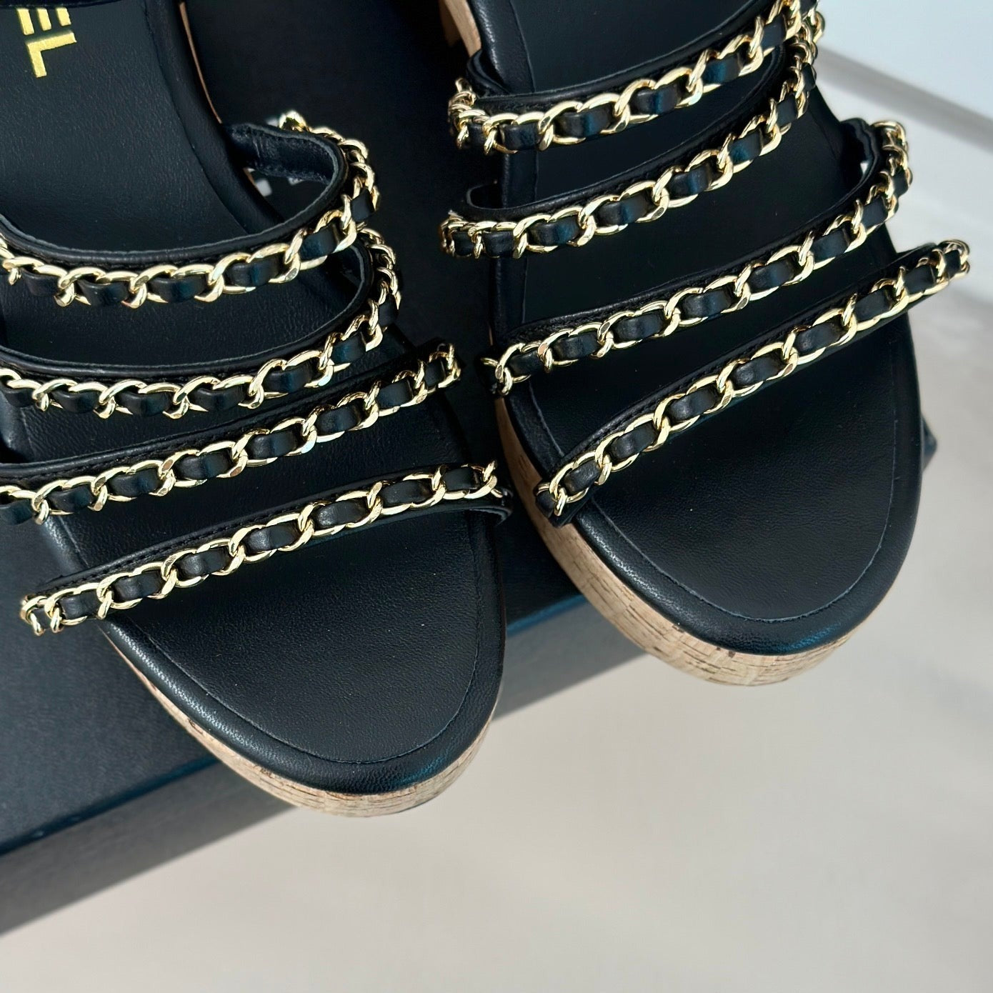 Double C Wooden Chain Platform Block Heel Sandals Black - 35
