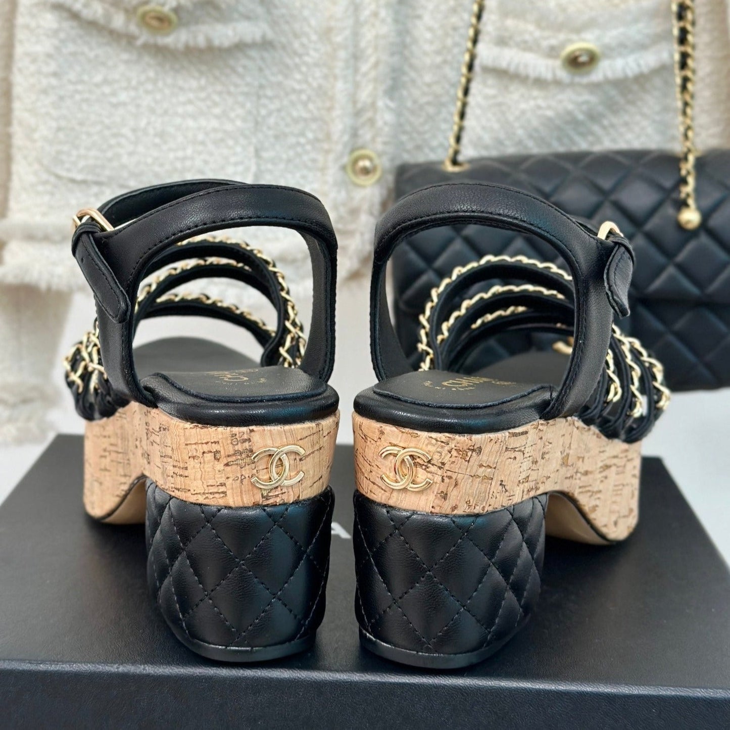Double C Wooden Chain Platform Block Heel Sandals Black - 35