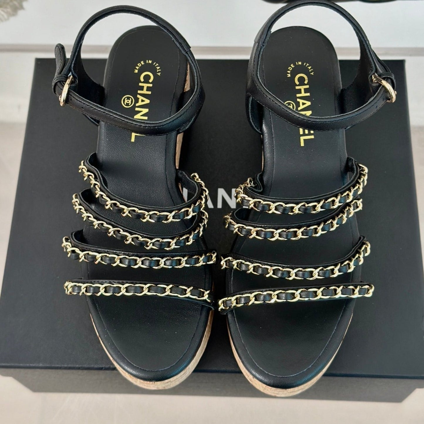 Double C Wooden Chain Platform Block Heel Sandals Black - 35