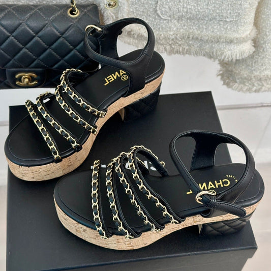 Double C Wooden Chain Platform Block Heel Sandals Black - 35