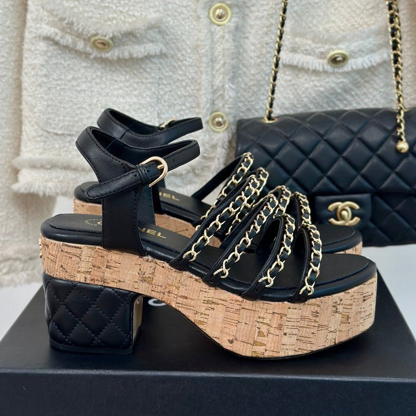 Double C Wooden Chain Platform Block Heel Sandals Black - 35