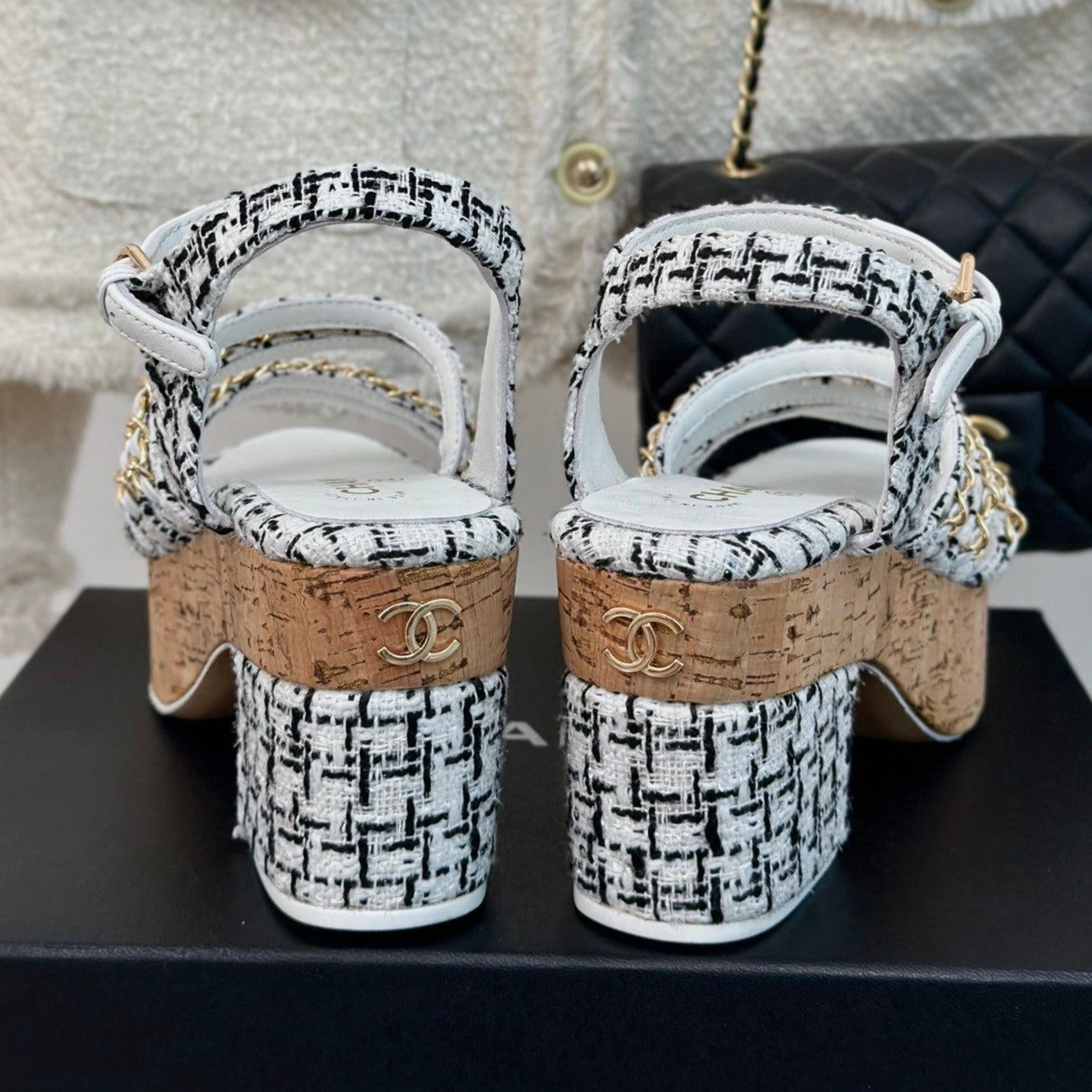 Double C Wooden Chain Platform Block Heel Sandals Black Caro/ White - 35