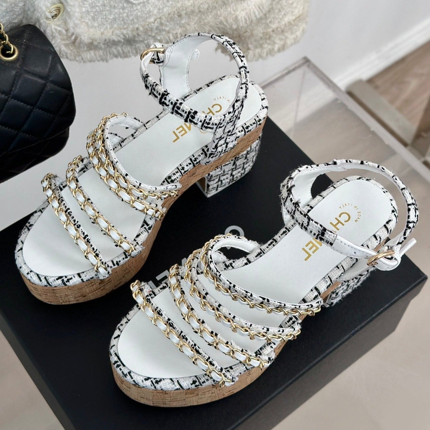 Double C Wooden Chain Platform Block Heel Sandals Black Caro/ White - 35