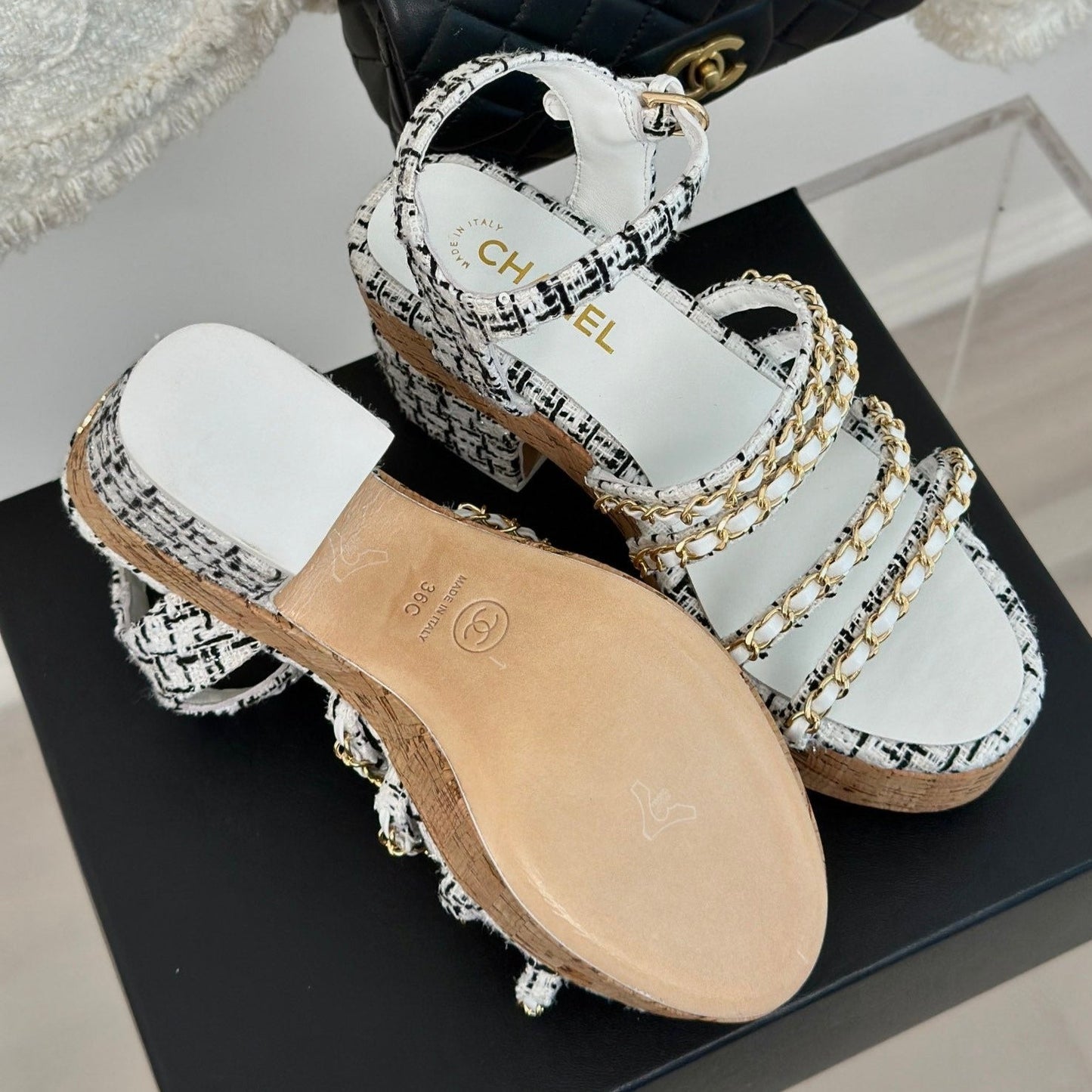 Double C Wooden Chain Platform Block Heel Sandals Black Caro/ White - 35