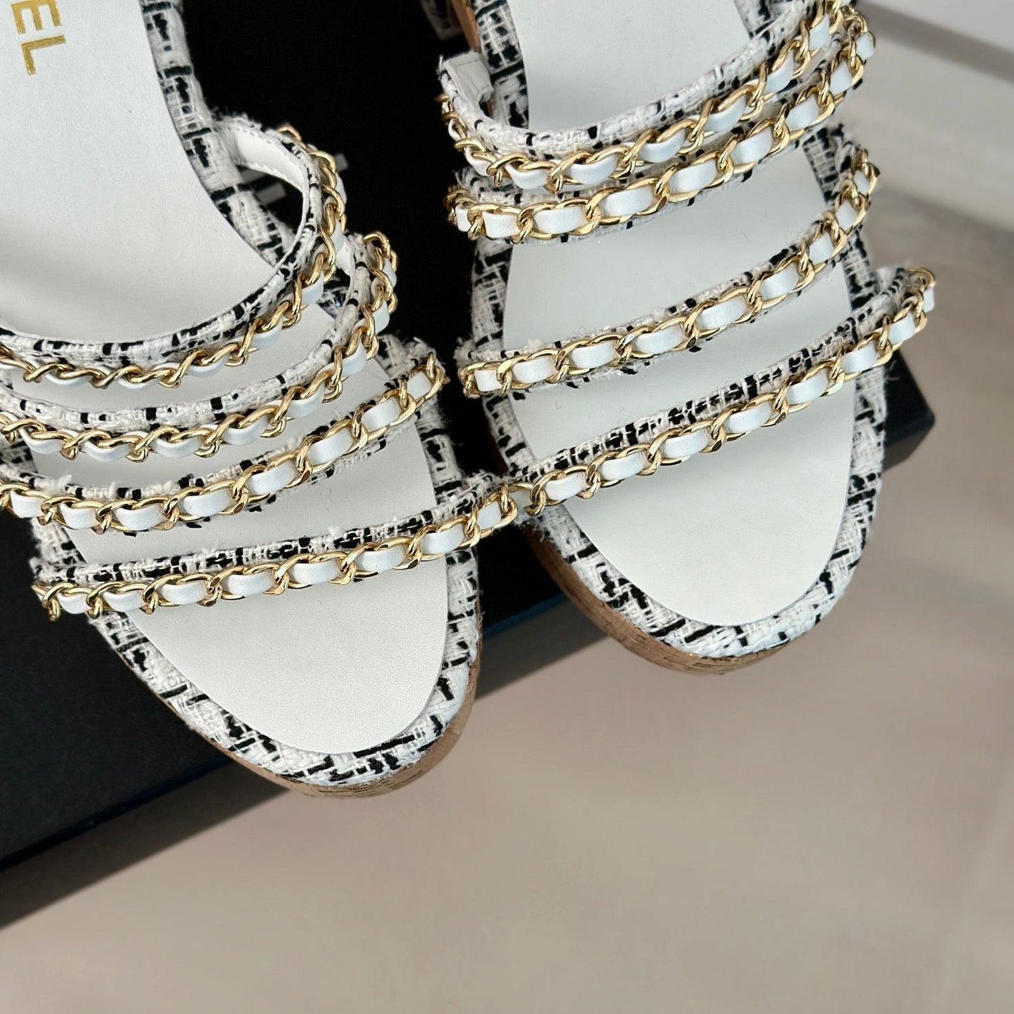 Double C Wooden Chain Platform Block Heel Sandals Black Caro/ White - 35