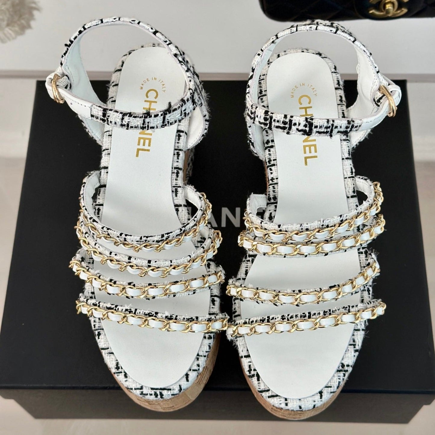 Double C Wooden Chain Platform Block Heel Sandals Black Caro/ White - 35