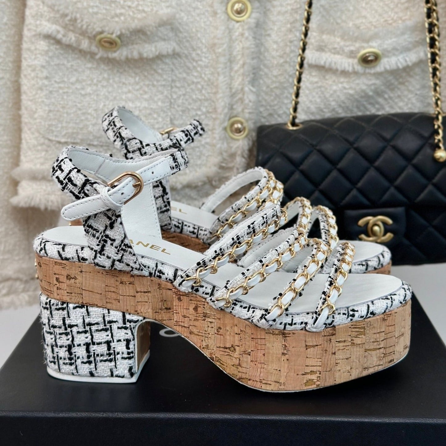 Double C Wooden Chain Platform Block Heel Sandals Black Caro/ White - 35