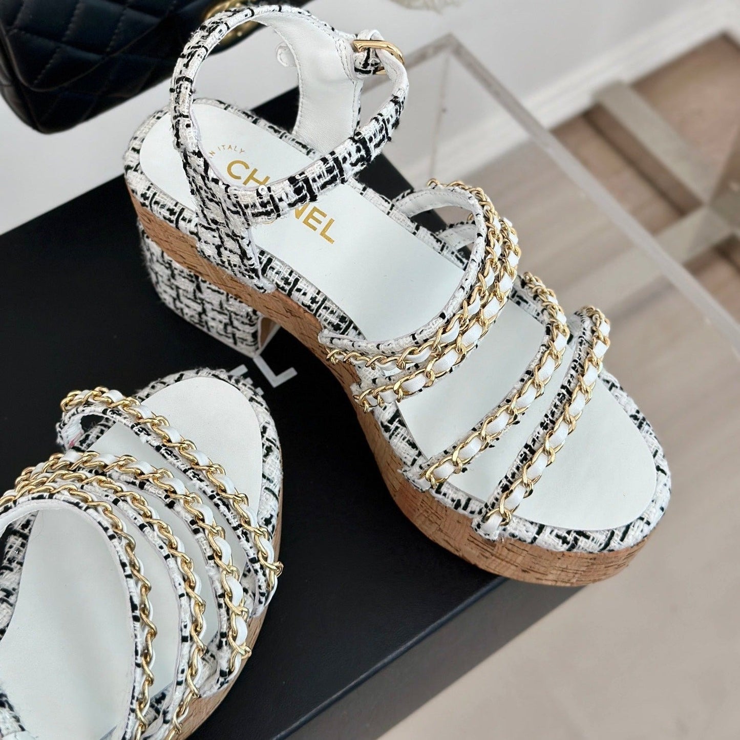 Double C Wooden Chain Platform Block Heel Sandals Black Caro/ White - 35