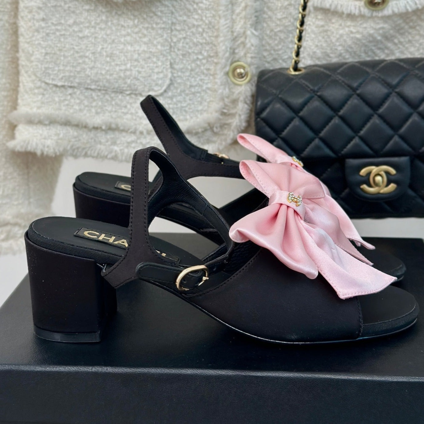 Double CC Big Bow High Sandal Sheepskin Light Pink/ Black - 35