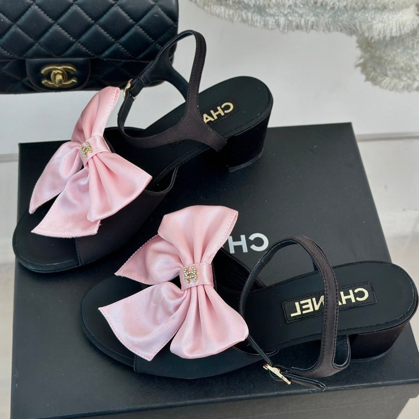 Double CC Big Bow High Sandal Sheepskin Light Pink/ Black - 35