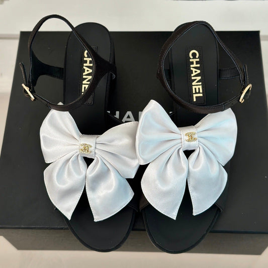 Double CC Big Bow High Sandal Sheepskin Black White - 35