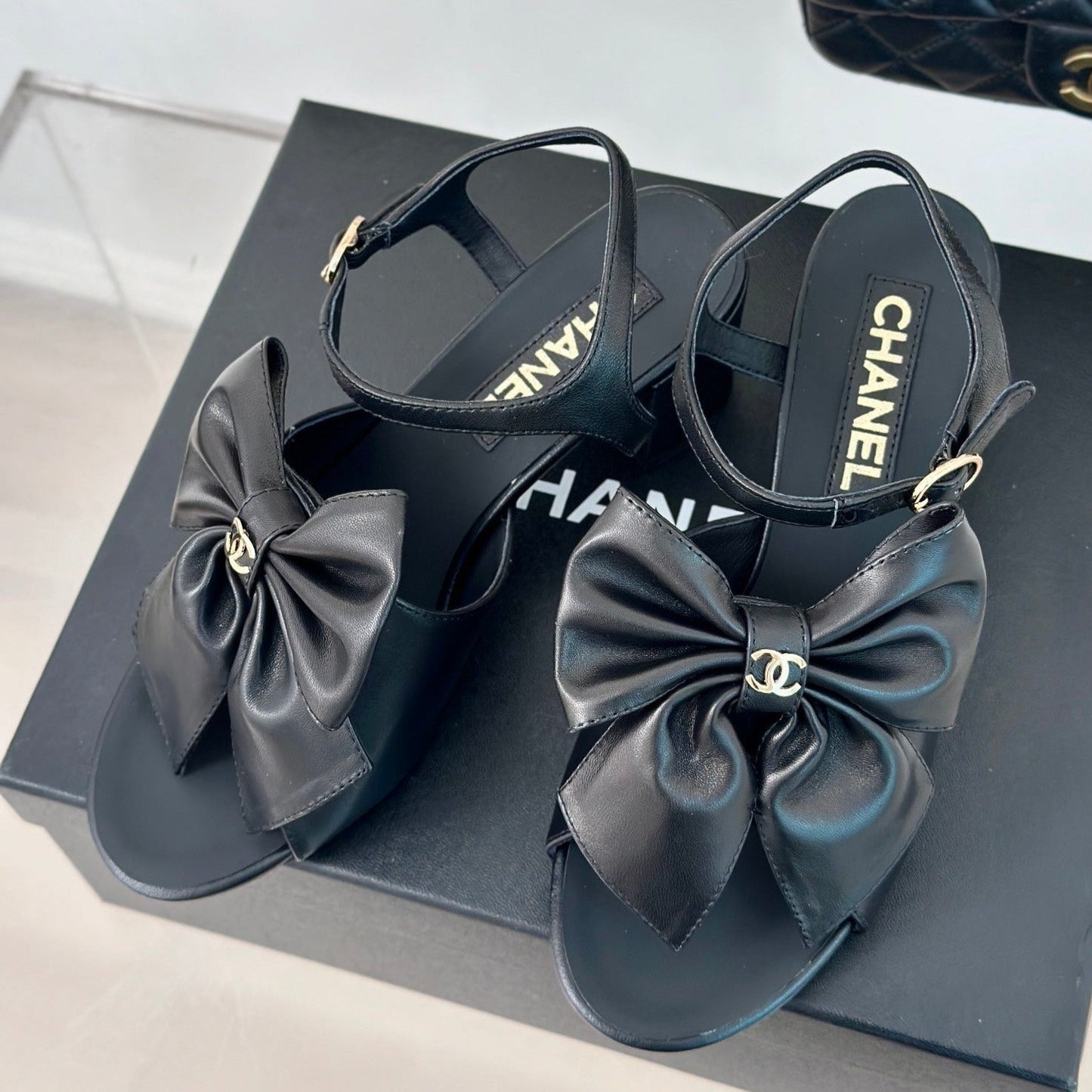 Double CC Big Bow High Sandal Sheepskin Black - 35