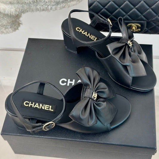 Double CC Big Bow High Sandal Sheepskin Black - 35