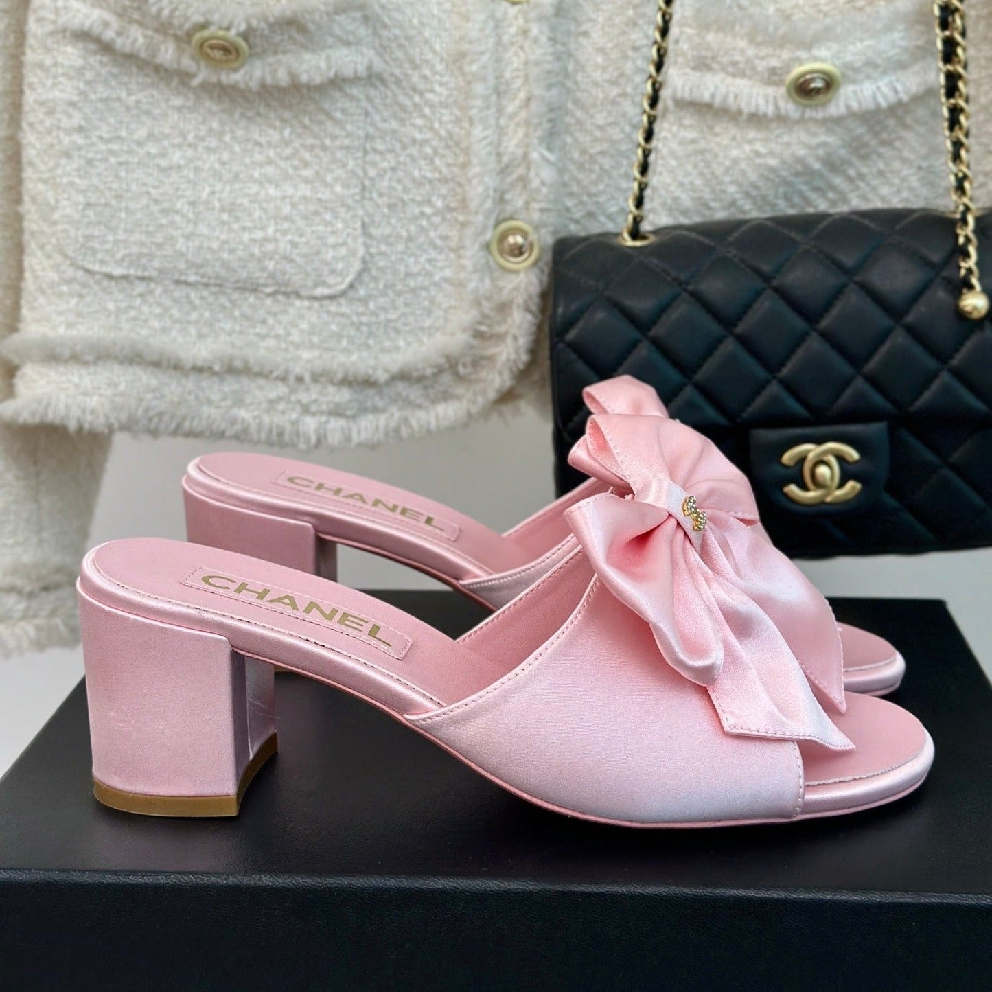 Double CC Big Bow High Heels Sheepskin Light Pink - 35
