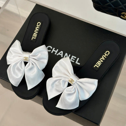 Double CC big bow flat sandals Sheepskin White Black - 35