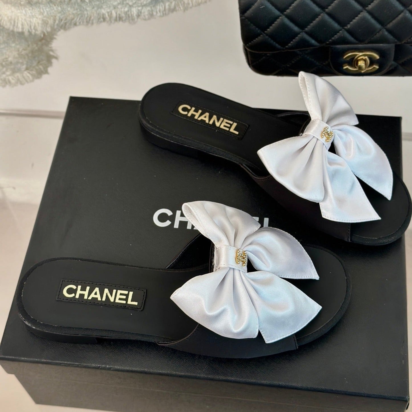 Double CC big bow flat sandals Sheepskin White Black - 35