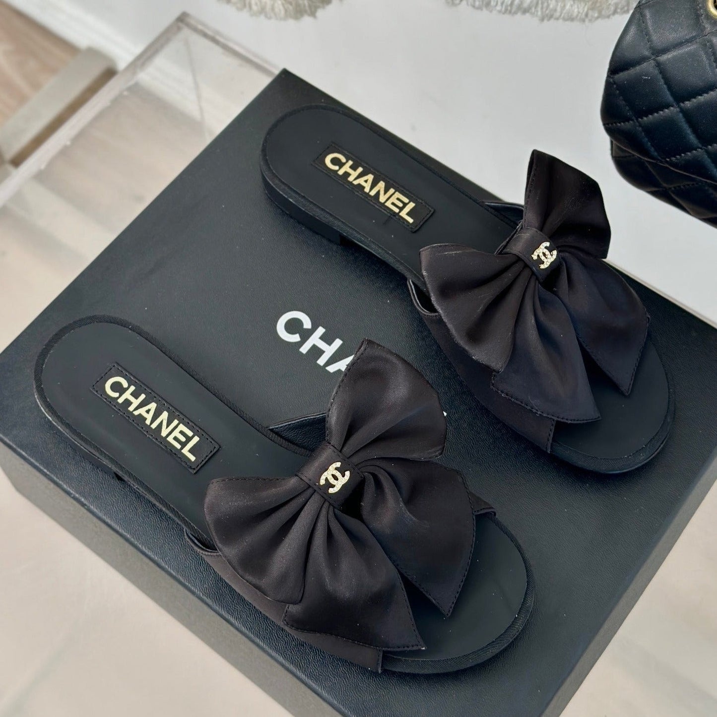 Double CC big bow flat sandals Sheepskin Black - 35