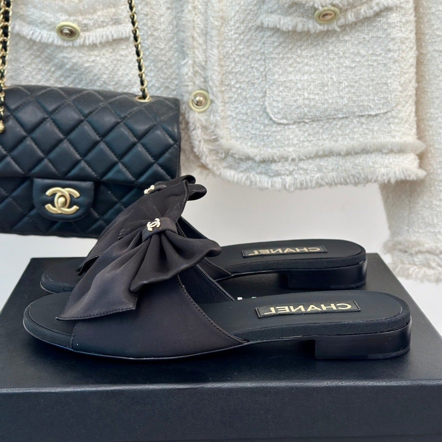 Double CC big bow flat sandals Sheepskin Black - 35