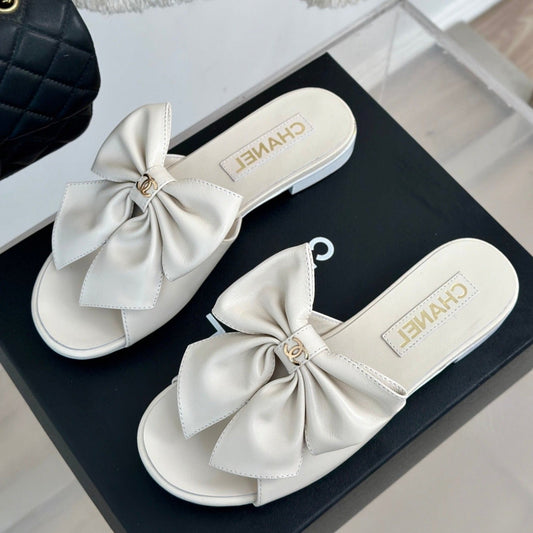 Double CC big bow flat sandals Sheepskin White Cream - 35