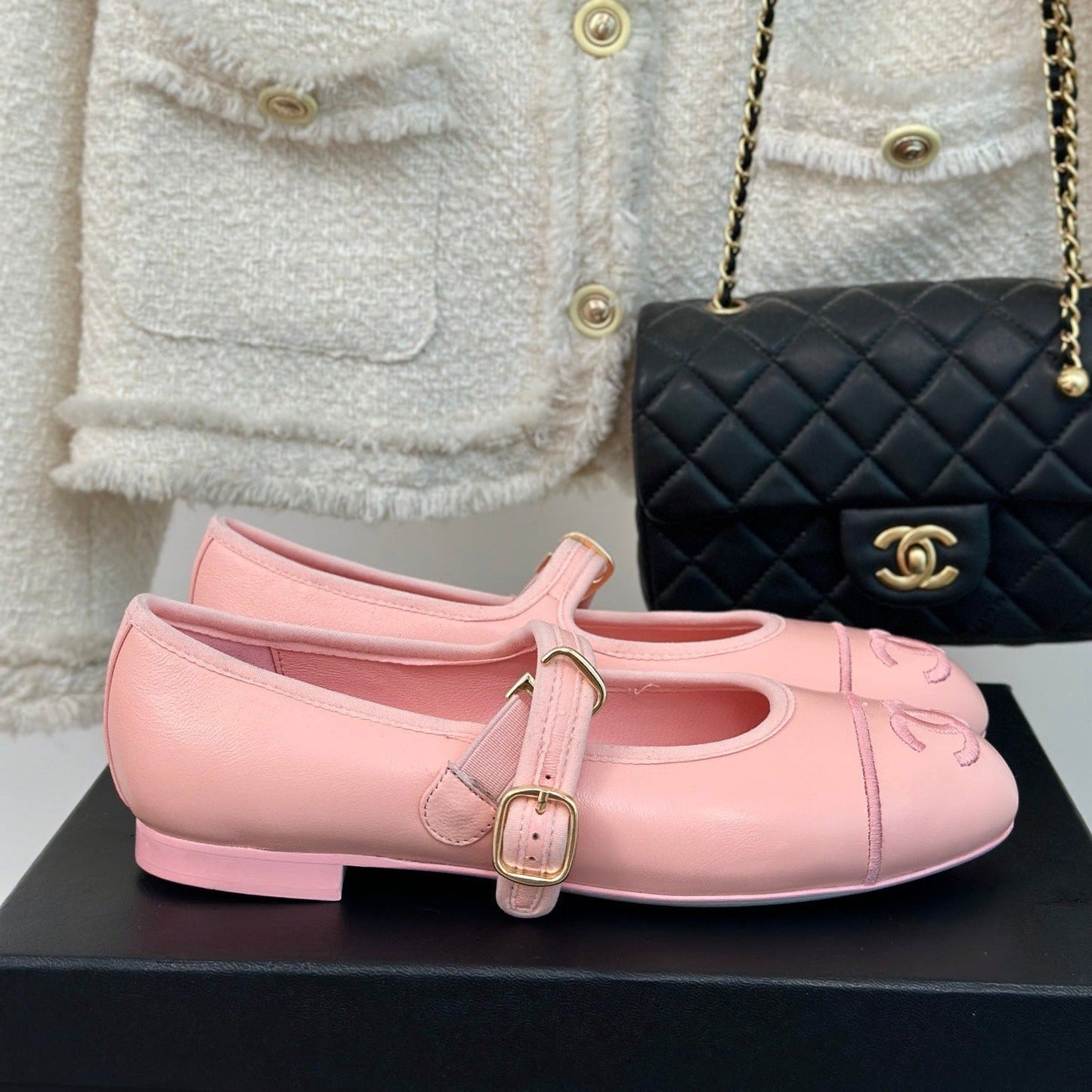 Double C Light Pink Lambskin Mary Jane Shoes - 35
