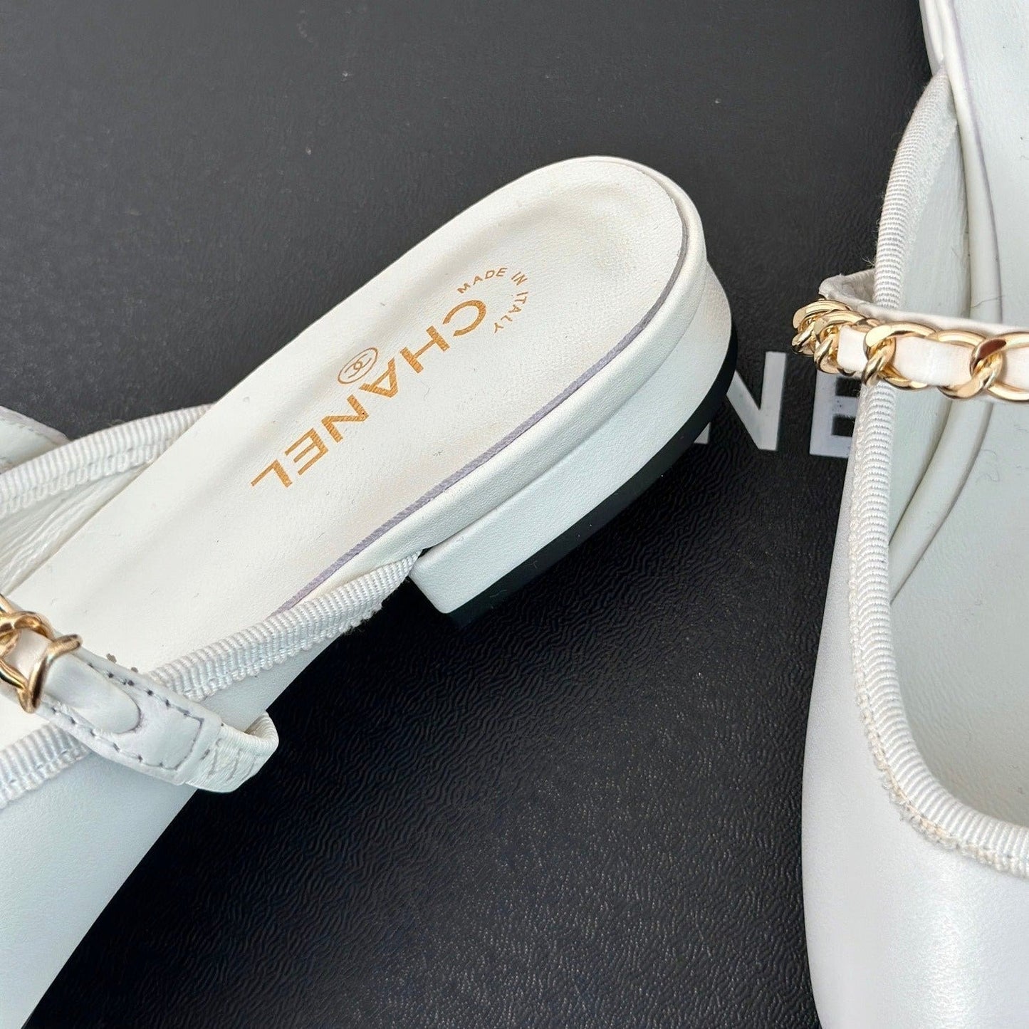 Double C Two-Tone Chain Mules White Lambskin - 35