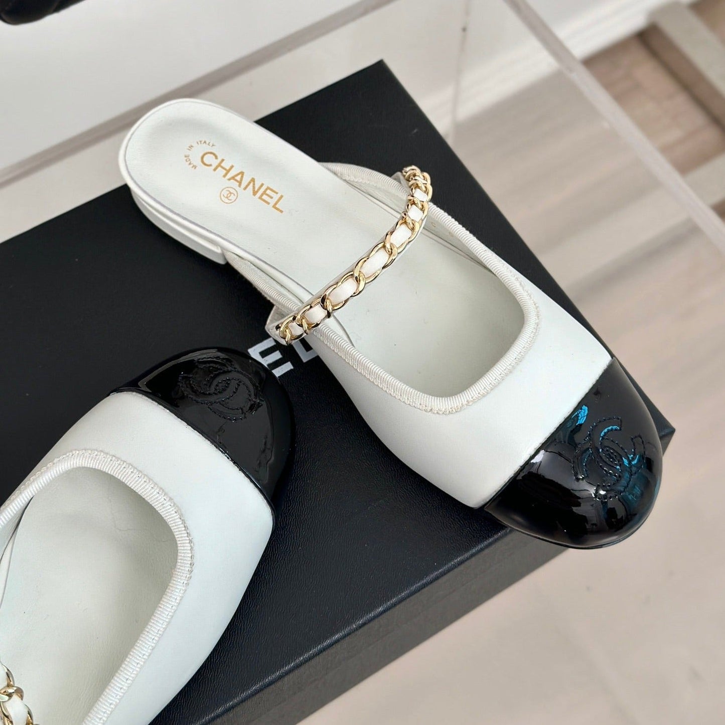 Double C Two-Tone Chain Mules White Lambskin - 35